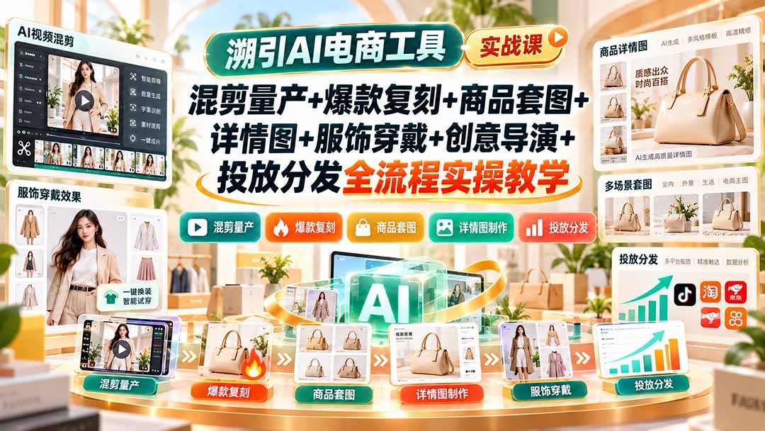 溯引AI电商工具实战课：混剪量产+爆款复刻+商品套图+详情图+服饰穿戴+创意导演+投放分发全流程实操教学-副业网