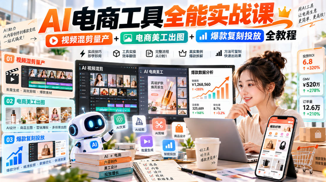 AI电商工具全能实战教学，视频混剪量产+电商美工出图+爆款复刻投放全教程​-副业网