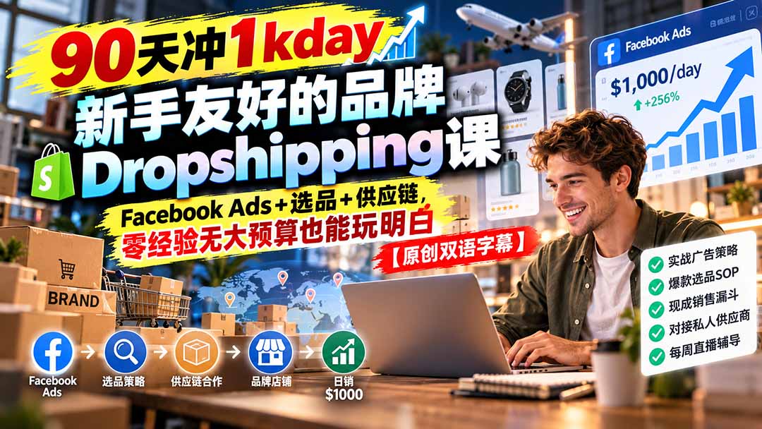 图片[2]-90天冲1kday 新手友好的品牌Dropshipping课：Facebook Ads+选品+供应链，零经验无大预算也能玩明白【原创双语字幕】-副业网