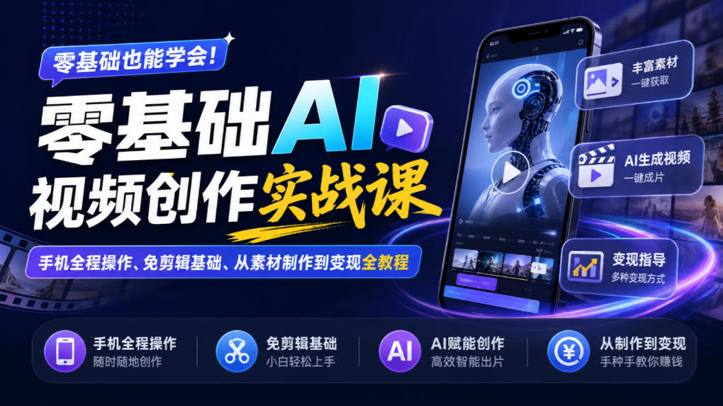 零基础AI视频创作实战课｜手机全程操作、免剪辑基础、从素材制作到变现全教程​-副业网
