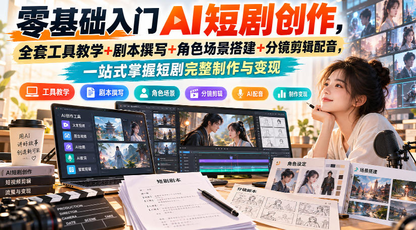 零基础入门AI短剧创作，全套工具教学+剧本撰写+角色场景搭建+分镜剪辑配音，一站式掌握短剧完整制作与变现-副业网