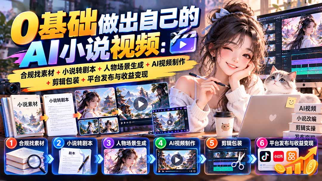 0基础做出自己的AI小说视频：合规找素材+小说转剧本+人物场景生成+AI视频制作+剪辑包装+平台发布与收益变现-副业网