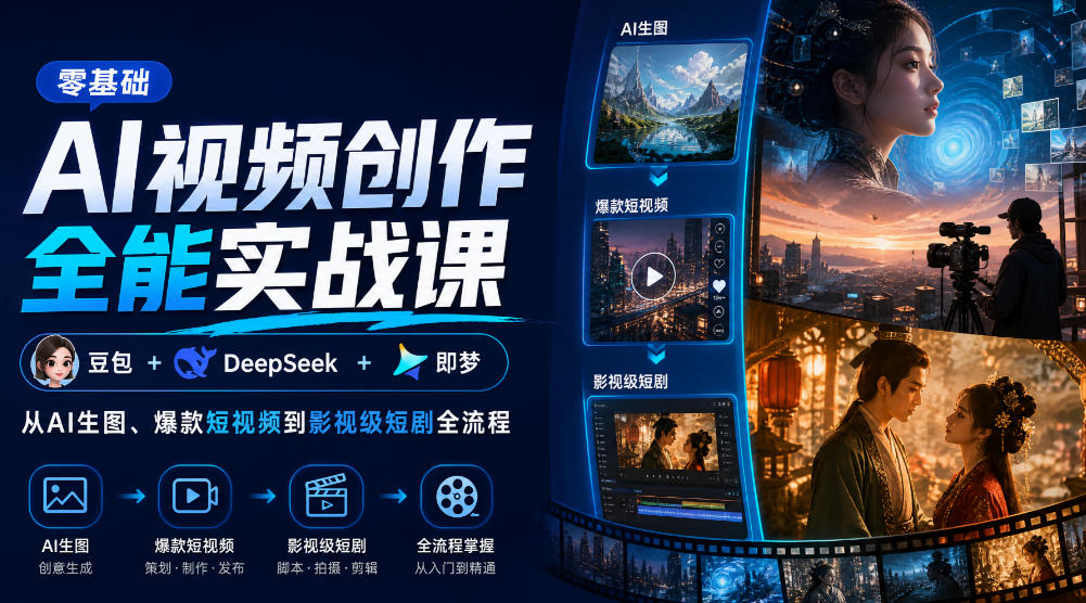 零基础AI视频创作全能实战课｜豆包+DeepSeek+即梦，从AI生图、爆款短视频到影视级短剧全流程-副业网