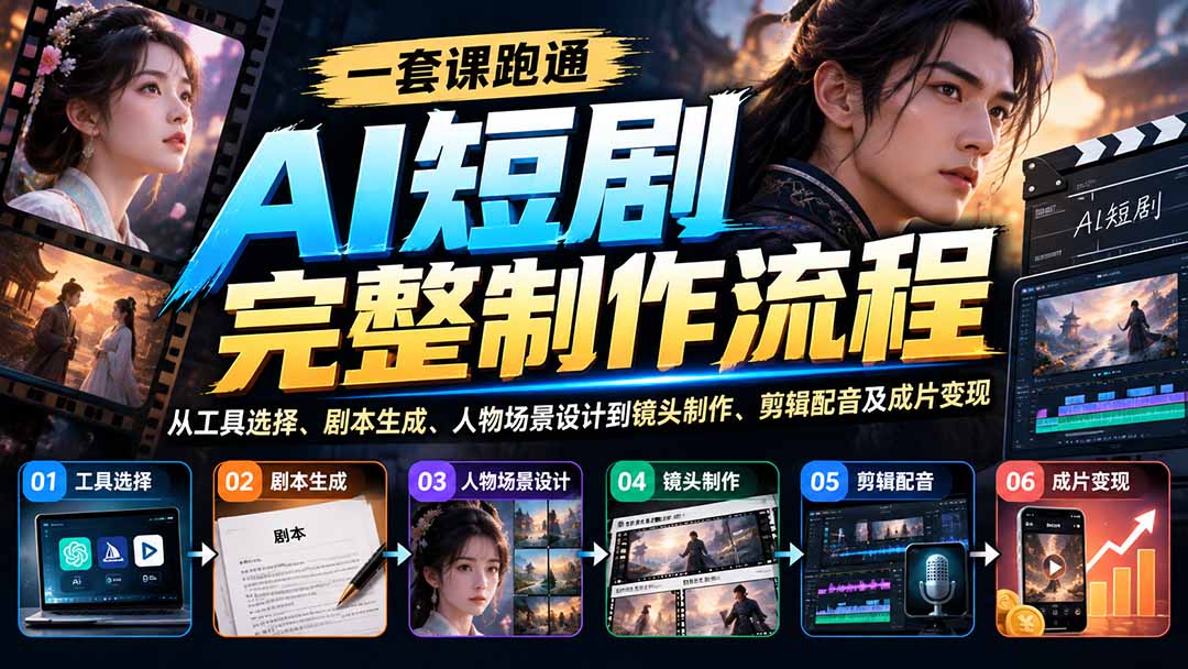 一套课跑通AI短剧完整制作流程：从工具选择、剧本生成、人物场景设计到镜头制作、剪辑配音及成片变现-副业网
