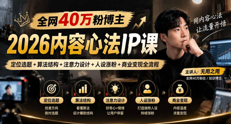 【无水印】全网40W粉博主的2026内容心法IP课，定位选题+算法结构+注意力设计+人设涨粉+商业变现全流程-副业网