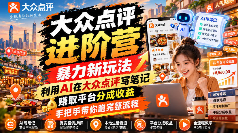大众点评进阶营，暴力新玩法，利用AI在大众点评写笔记， 賺取平台分成收益，手把手带你跑完整流程-副业网