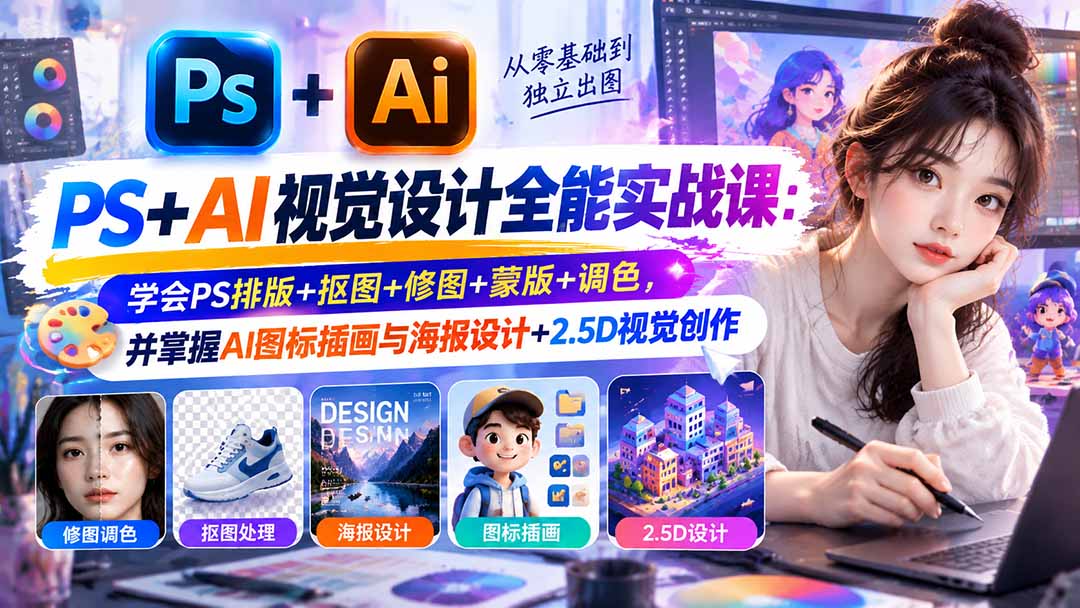 图片[2]-【无水印】PS+AI视觉设计全能实战课：学会PS排版+抠图+修图+蒙版+调色，并掌握AI图标插画与海报设计+2.5D视觉创作-副业网