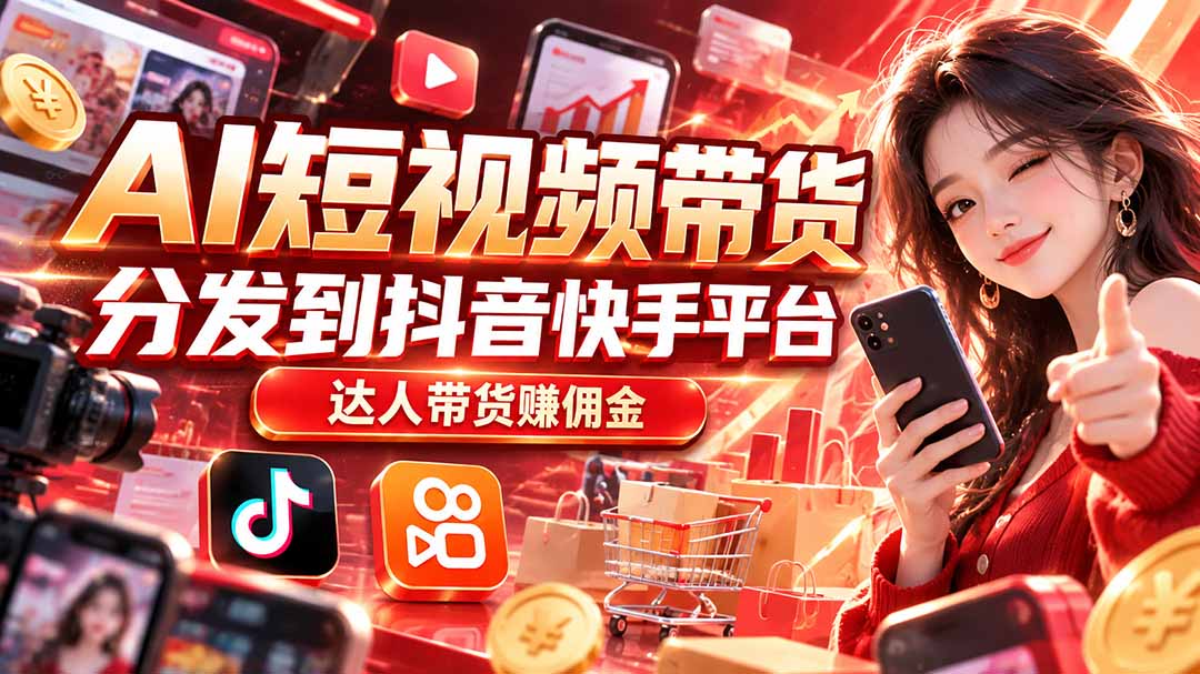 【AI短视频带货】分发到抖音快手平台，达人带货赚佣金-副业网