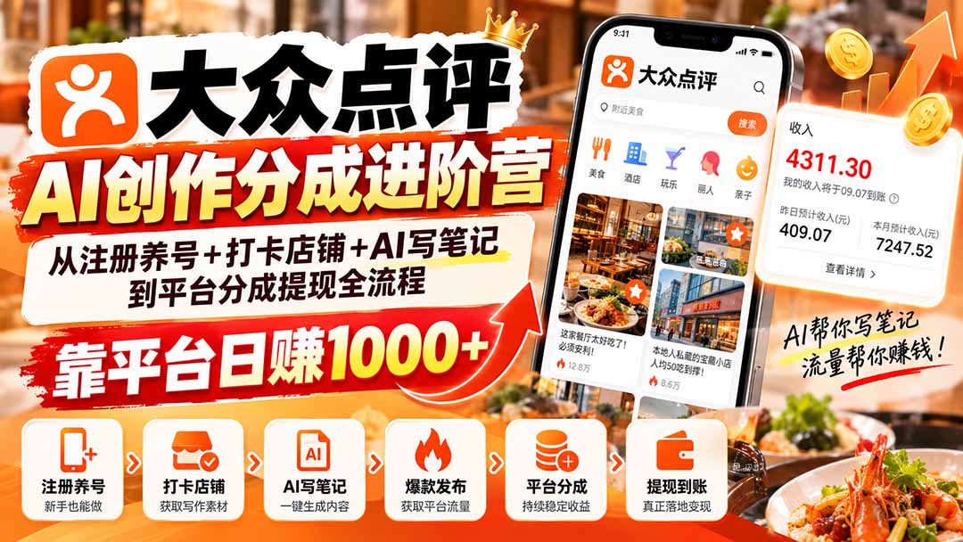 图片[2]-大众点评AI创作分成进阶营：从注册养号+打卡店铺+AI写笔记到平台分成提现全流程，靠平台日赚1000+-副业网