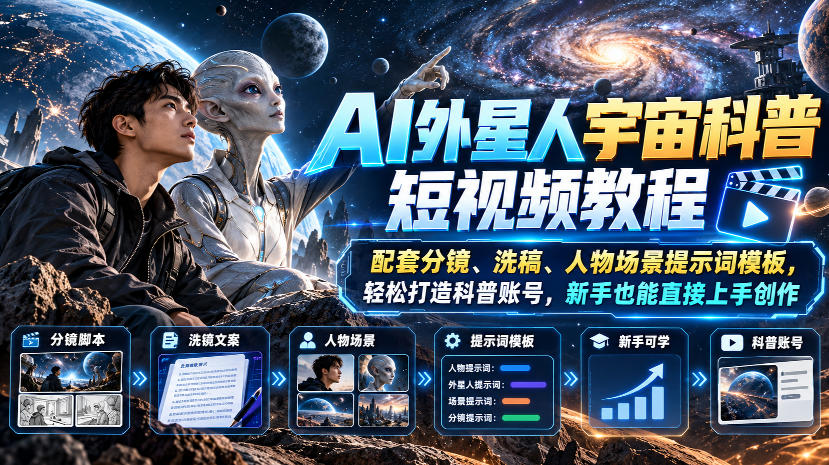 AI外星人宇宙科普短视频教程，配套分镜、洗稿、人物场景提示词模板，轻松打造科普账号，新手也能直接上手创作-副业网
