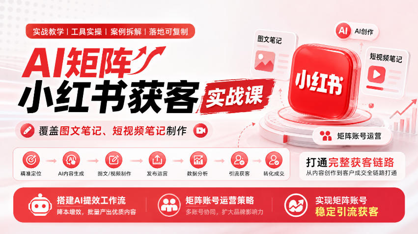 AI矩阵小红书获客实战课，覆盖图文笔记、短视频笔记制作，打通完整获客链路，搭建AI提效工作流，实现矩阵账号稳定引流获客-副业网