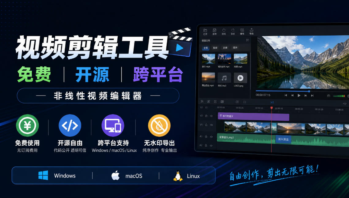 视频剪辑工具，免费、开源、跨平台，非线性视频编辑器，支持Windows、macOS、Linux，无水印、无订阅费用-副业网