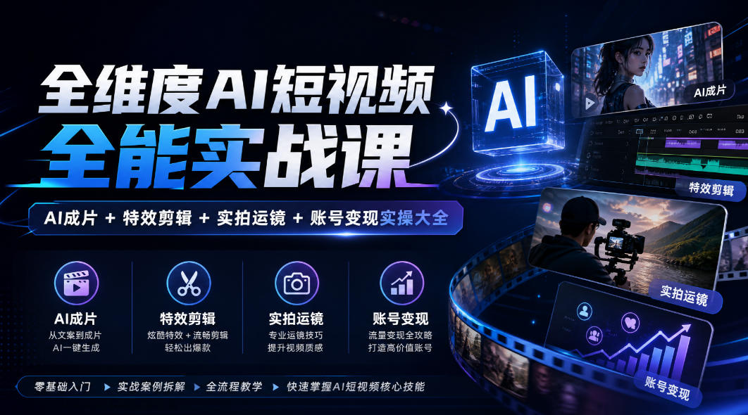 全维度AI短视频全能实战课，AI成片+特效剪辑+实拍运镜+账号变现实操大全-副业网