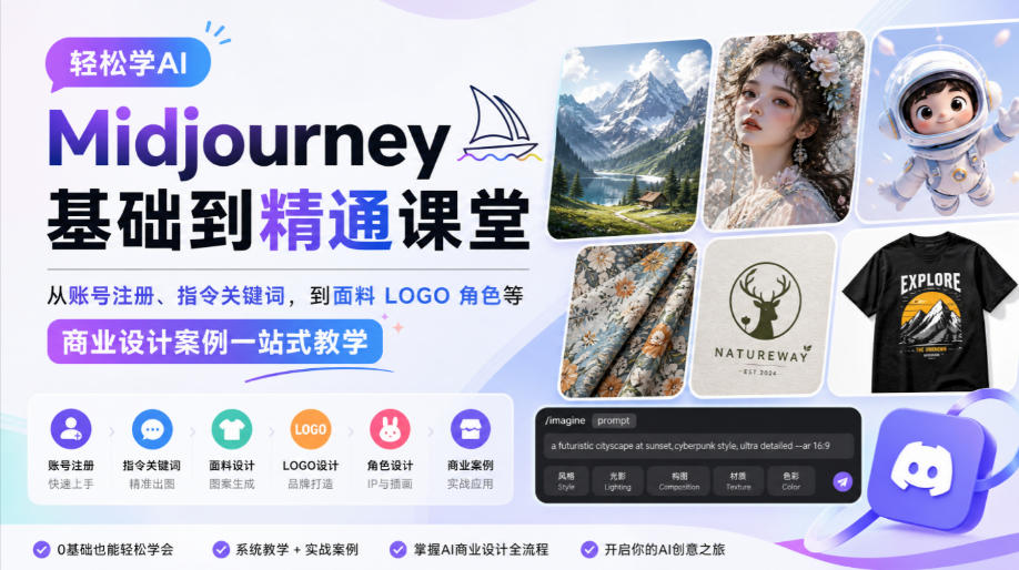轻松学AI Midjourney基础到精通课堂，从账号注册、指令关键词，到面料LOGO角色等商业设计案例一站式教学-副业网