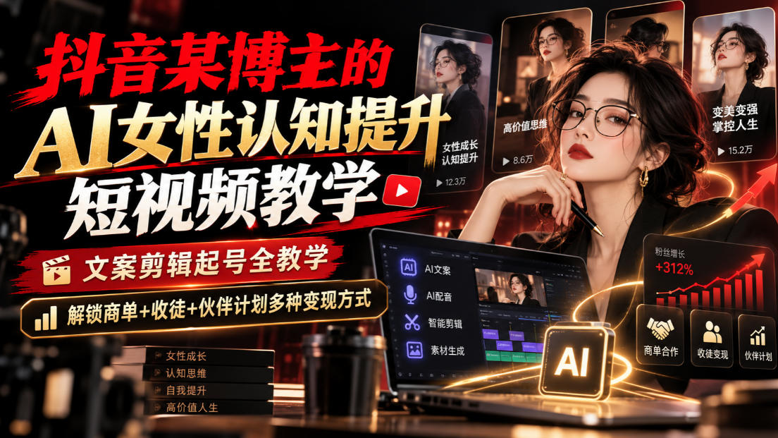 抖音某博主的Ai女性认知提升短视频教学，文案剪辑起号全教学，解锁商单+收徒+伙伴计划多种变现方式-副业网