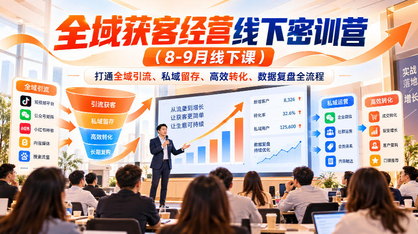 全域获客经营线下密训营(8-9月线下课)，打通全域引流、私域留存、高效转化、数据复盘全流程-副业网
