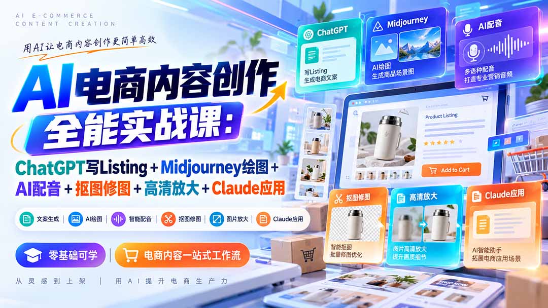 【无水印】AI电商内容创作全能实战课：ChatGPT写Listing+Midjourney绘图+AI配音+抠图修图+高清放大+Claude应用-副业网