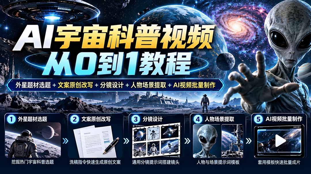 AI宇宙科普视频从0到1教程｜外星题材选题+文案原创改写+分镜设计+人物场景提取+AI视频批量制作-副业网