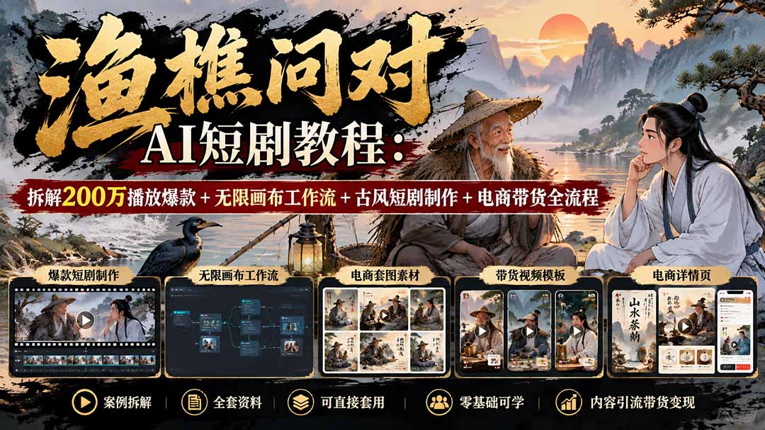 图片[2]-【无水印】渔樵问对AI短剧教程：拆解200万播放爆款+无限画布工作流+古风短剧制作+电商带货全流程-副业网