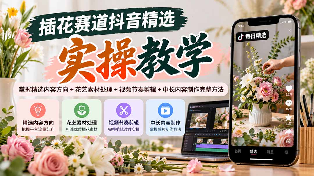 插花赛道抖音精选实操教学：掌握精选内容方向+花艺素材处理+视频节奏剪辑+中长内容制作完整方法-副业网