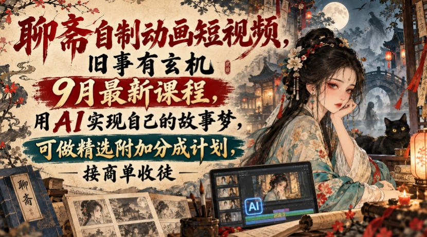 聊斋自制动画短视频，旧事有玄机9月最新课程，用AI实现自己的故事梦，可做精选附加分成计划，接商单收徒-副业网