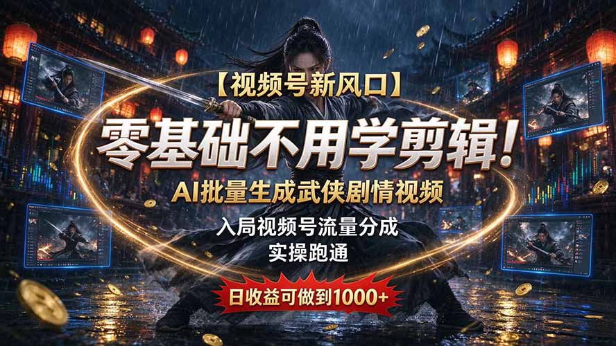 【视频号新风口】零基础不用学剪辑！AI 批量生成武侠剧情视频，入局视频号流量分成，实操跑通，日收益可做到 1000+-副业网