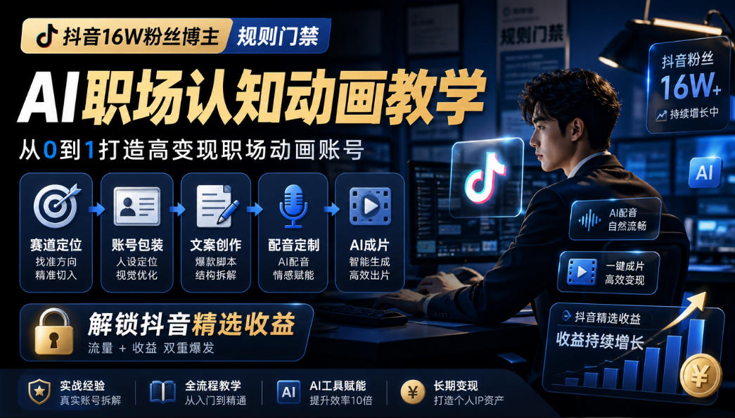 抖音16W粉丝博主规则门禁的AI职场认知动画教学，从赛道定位、账号包装，到文案创作、配音定制、AI成片，解锁抖音精选收益-副业网