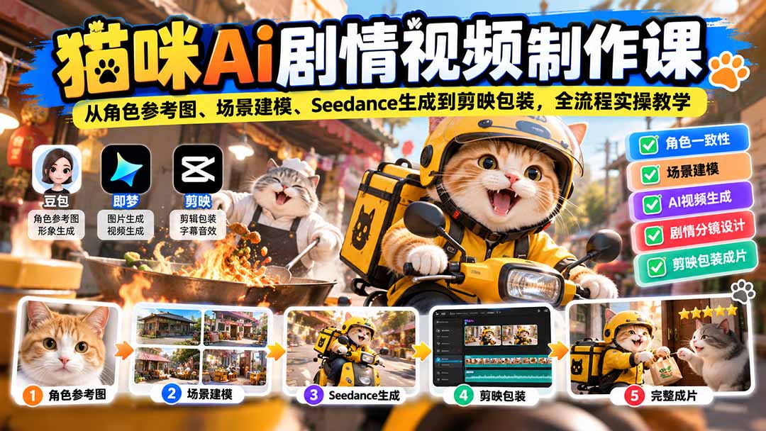 猫咪AI剧情视频制作课:从角色参考图、场景建模、Seedance生成到剪映包装,全流程实操教学-副业网