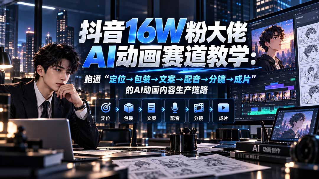 抖音16W粉大佬规则门禁AI动画赛道教学：跑通“定位→包装→文案→配音→分镜→成片”的AI动画内容生产链路-副业网