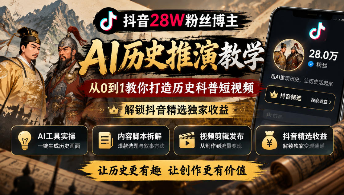 抖音28W粉丝博主的AI历史推演教学，从0到1教你打造历史科普短视频，解锁抖音精选独家收益-副业网