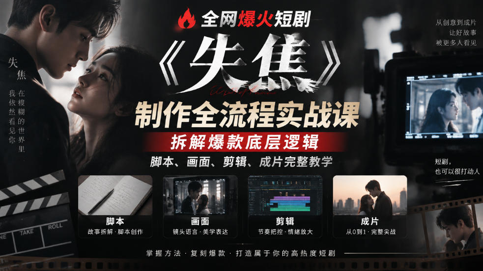 全网爆火短剧《失焦》制作全流程实战课｜拆解爆款底层逻辑，脚本、画面、剪辑、成片完整教学-副业网