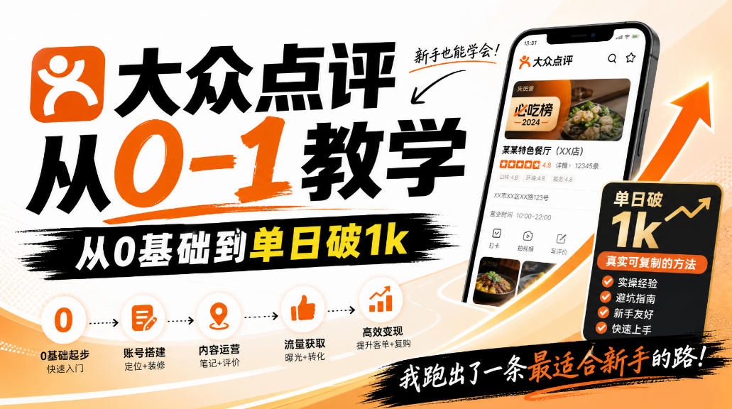 大众点评分成从0-1教学，从0基础到单日破1k，我跑出了一条最适合新手的路-副业网