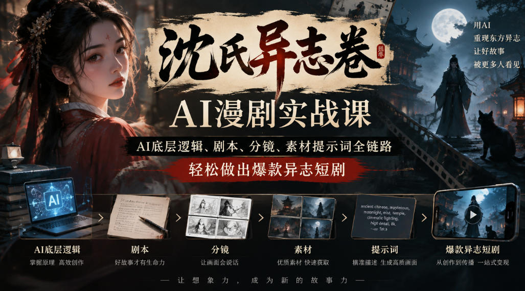 沈氏异志卷AI漫剧实战课｜AI底层逻辑、剧本、分镜、素材提示词全链路，轻松做出爆款异志短剧-副业网