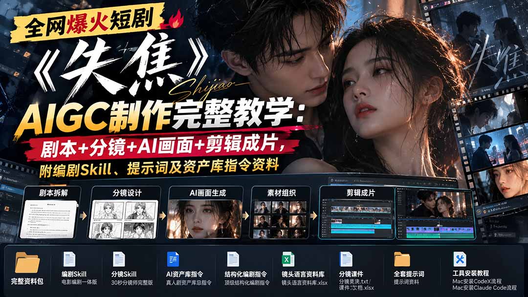 全网爆火短剧《失焦》AIGC制作完整教学：剧本+分镜+AI画面+剪辑成片，附编剧Skill、提示词及资产库指令资料-副业网