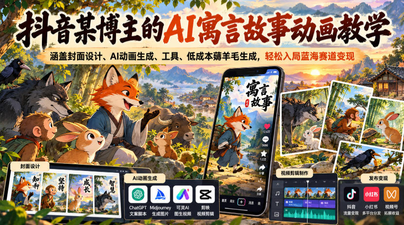 抖音某博主的AI寓言故事动画教学，涵盖封面设计、AI动画生成、工具、低成本薅羊毛生成，轻松入局蓝海赛道变现-副业网