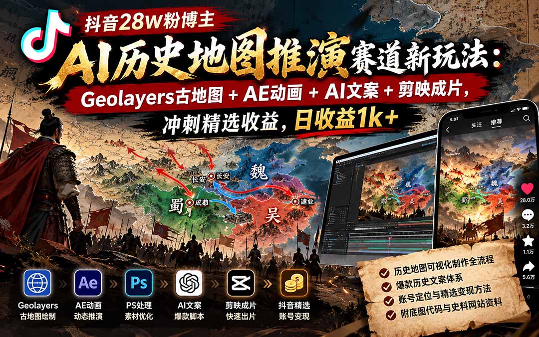 图片[2]-抖音28W粉博主AI历史地图推演赛道新玩法：Geolayers古地图+AE动画+AI文案+剪映成片，冲刺精选收益，日收益1k+-副业网