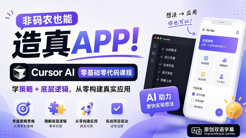 非码农也能造真APP！Cursor AI零基础零代码课程：学策略+底层逻辑，从零构建真实应用【原创双语字幕】-副业网