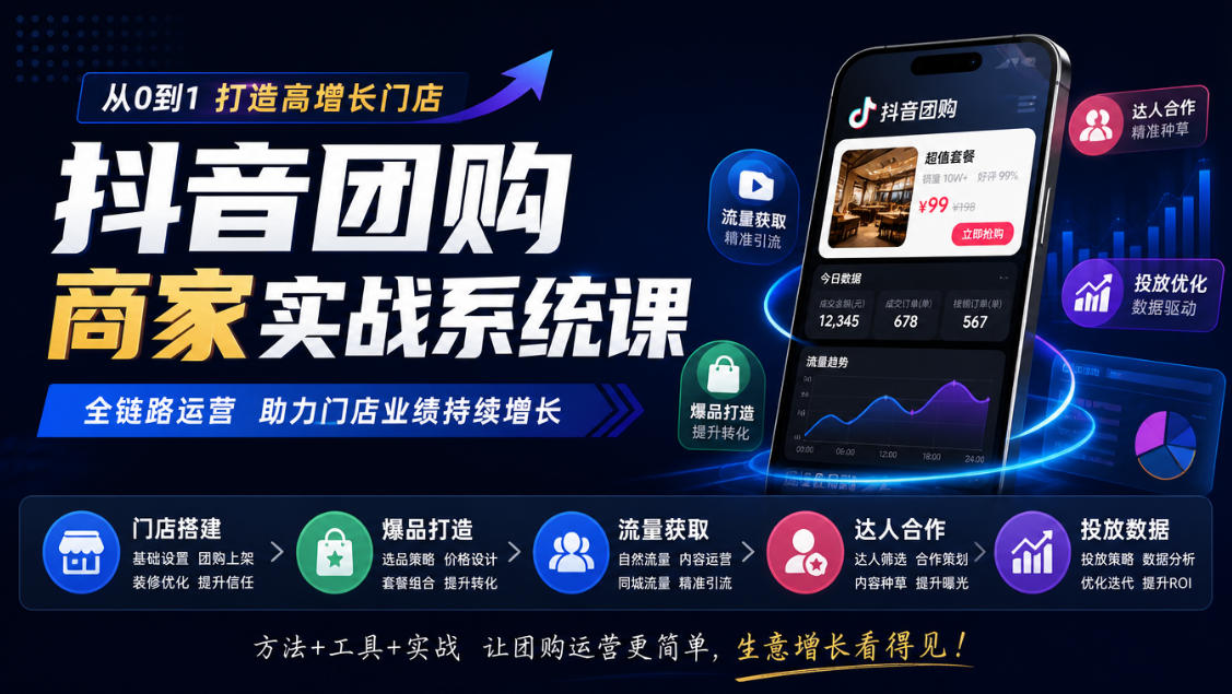 抖音团购商家实战系统课｜门店搭建、爆品打造、流量获取、达人合作、投放数据全链路运营-副业网
