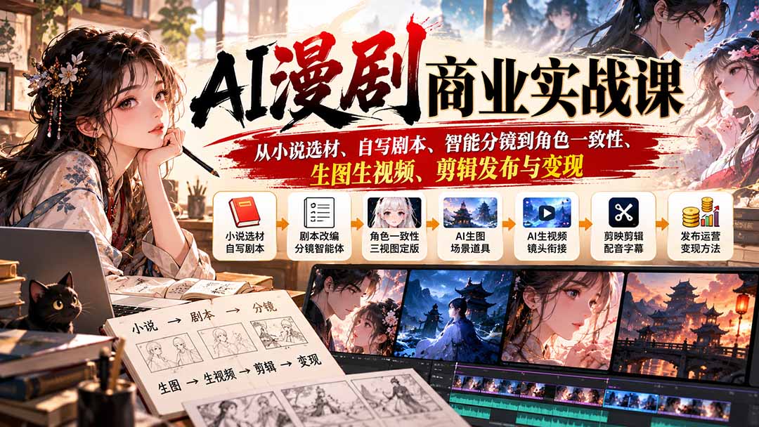 图片[2]-AI漫剧商业实战课：从小说选材、自写剧本、智能分镜到角色一致性、生图生视频、剪辑发布与变现-副业网