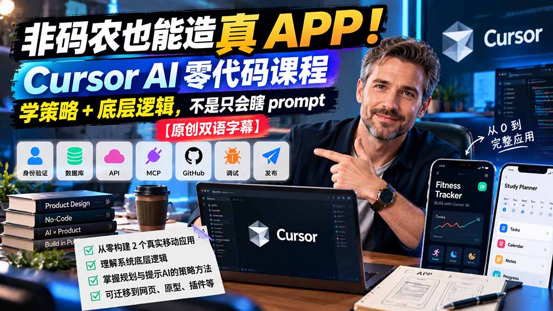 非码农也能造真 APP！Cursor AI 零代码课程：学策略 + 底层逻辑，不是只会瞎 prompt【原创双语字幕】-副业网