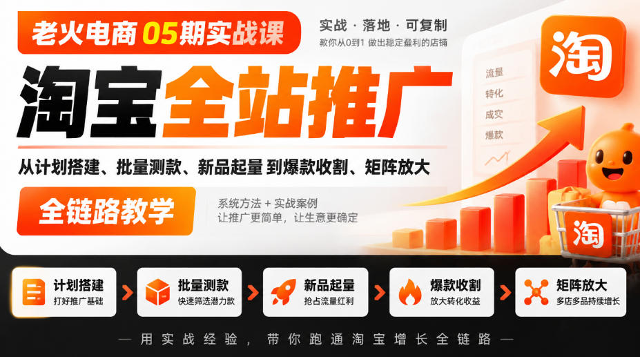 老火电商05期实战课｜淘宝全站推广从计划搭建、批量测款、新品起量到爆款收割、矩阵放大全链路教学-副业网