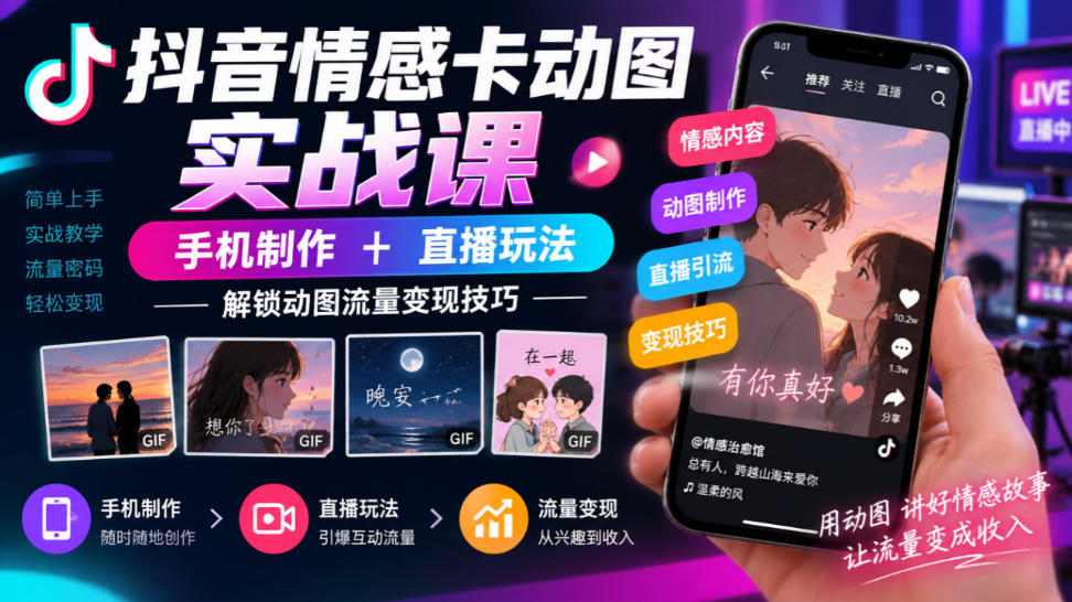 抖音情感卡动图实战课｜手机制作+直播玩法，解锁动图流量变现技巧-副业网