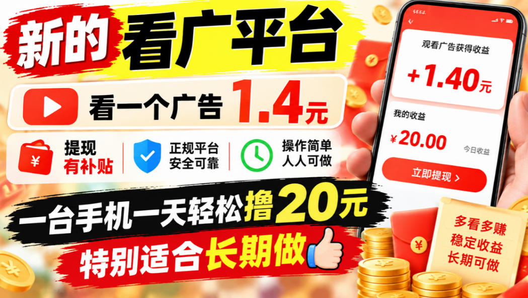 一个新的看广平台，看一个广告1.4元，提现有补贴,一台手机一天轻松撸20+，特别适合长期做【揭秘】-副业网