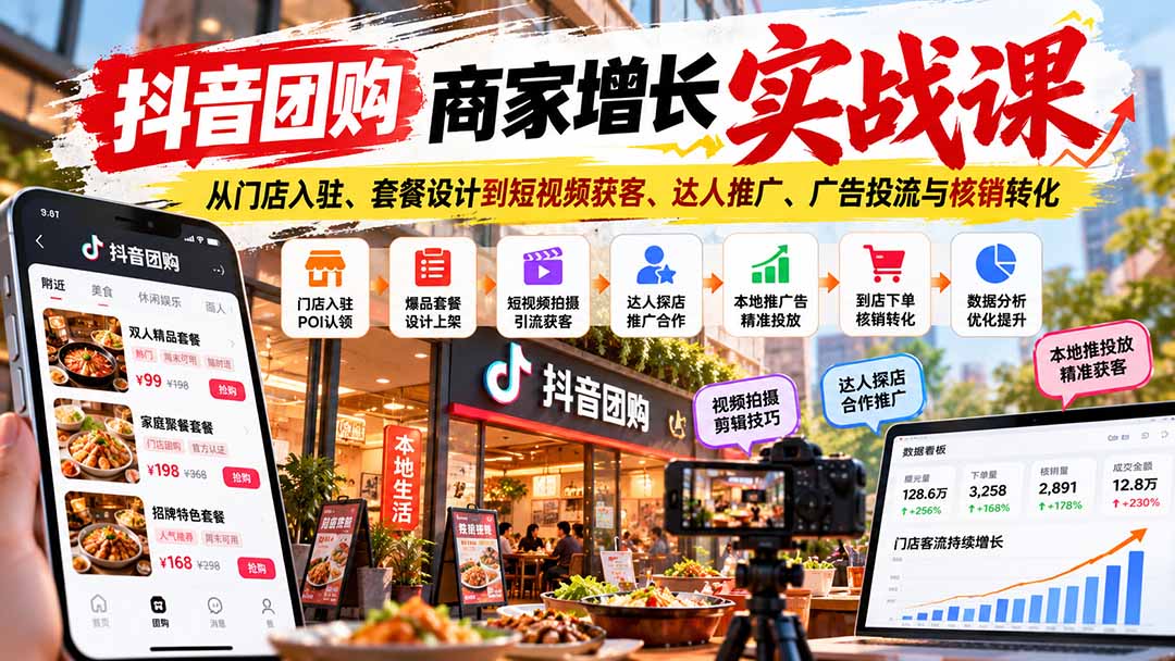 抖音团购商家增长实战课：从门店入驻、套餐设计到短视频获客、达人推广、广告投流与核销转化-副业网