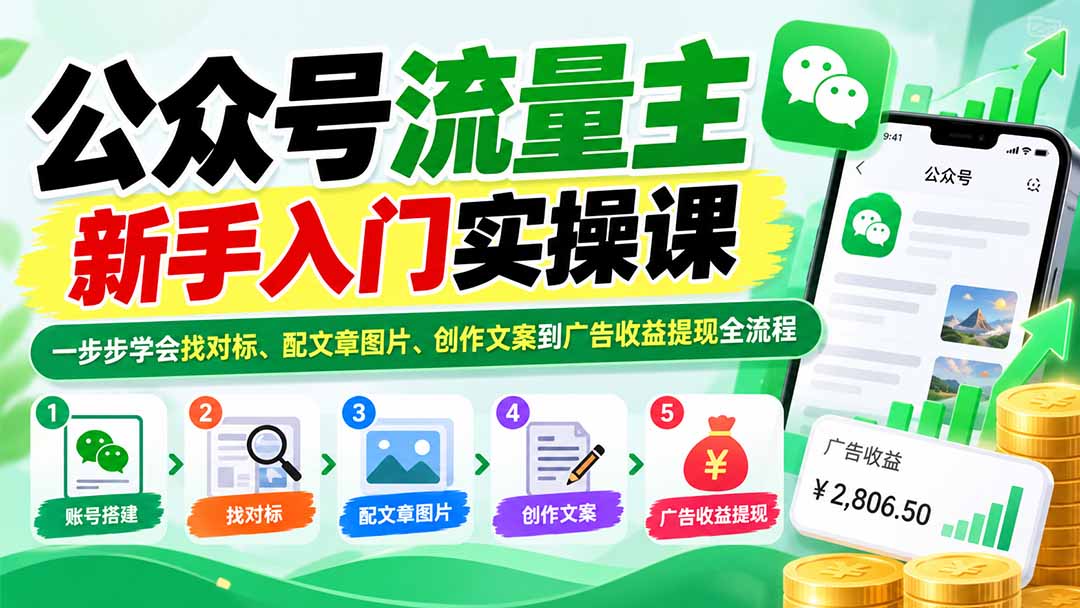 公众号流量主新手入门实操课：一步步学会找对标、配文章图片、创作文案到广告收益提现全流程-副业网