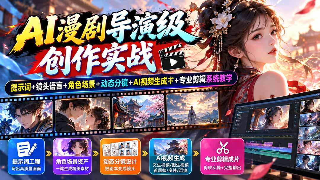 AI漫剧导演级创作实战：提示词+镜头语言+角色场景+动态分镜+AI视频生成+专业剪辑系统教学-副业网