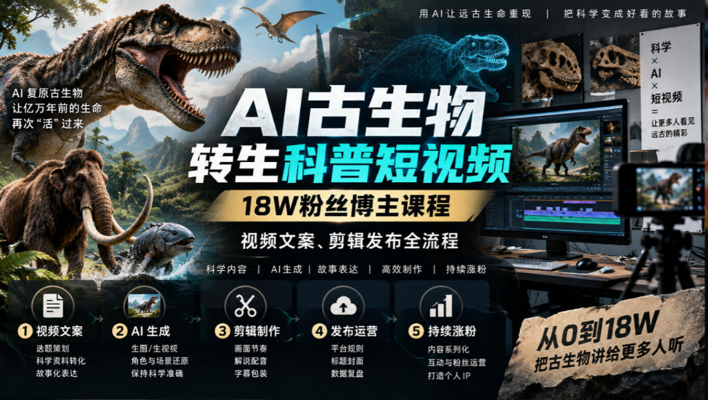 AI古生物转生科普短视频，18W粉丝博主课程，视频文案、剪辑发布全流程-副业网