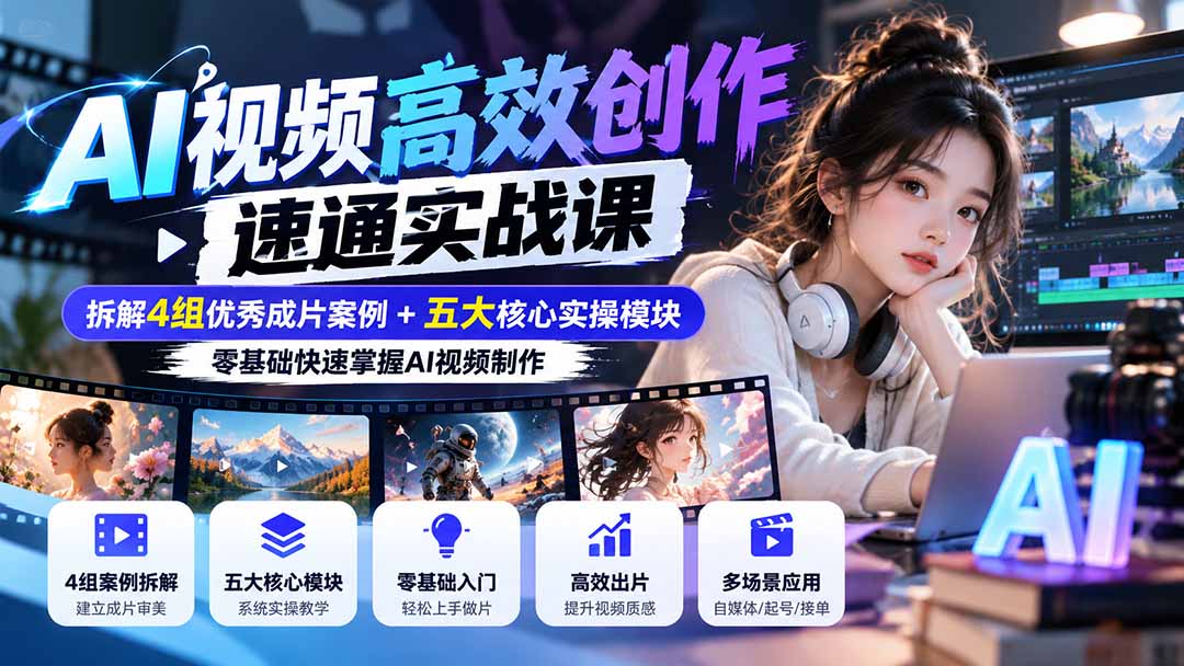 【无水印】AI视频高效创作速通实战课：拆解4组优秀成片案例+五大核心实操模块，零基础快速掌握AI视频制作-副业网