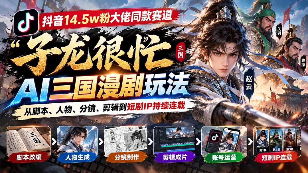 抖音14.5w粉大佬同款赛道「子龙很忙」AI三国漫剧玩法：从脚本、人物、分镜、剪辑到短剧IP持续连载-副业网