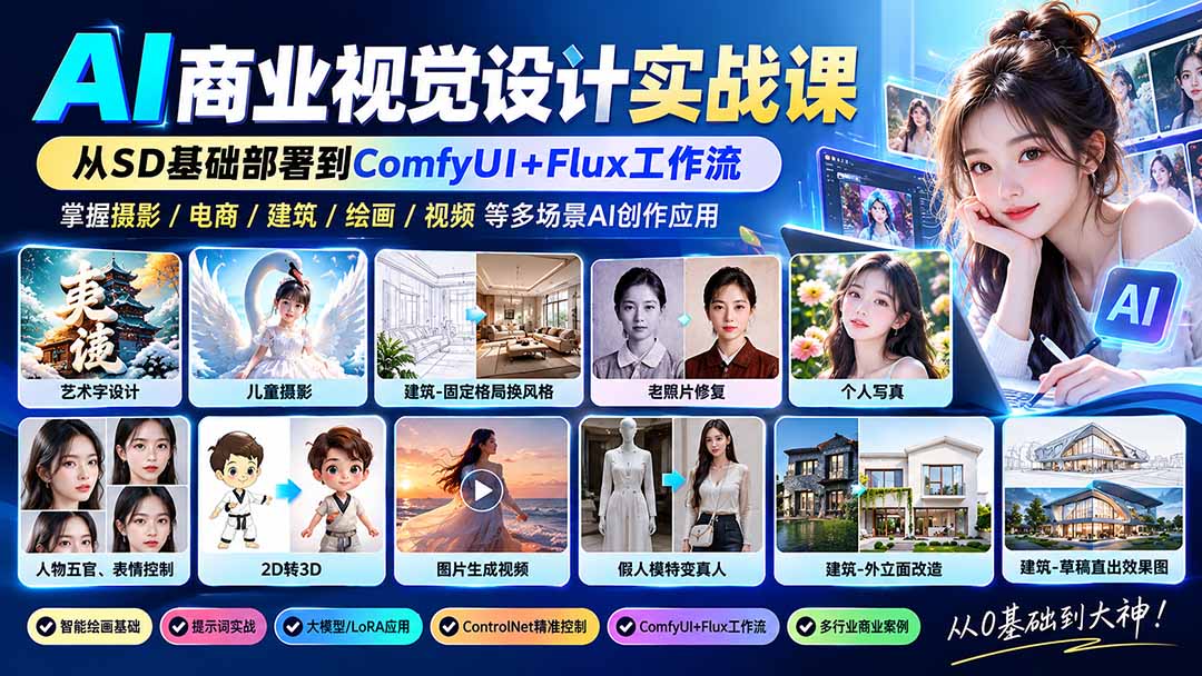 【无水印】AI商业视觉设计实战课：从SD基础部署到ComfyUI+Flux工作流，掌握摄影电商建筑AI创作-副业网